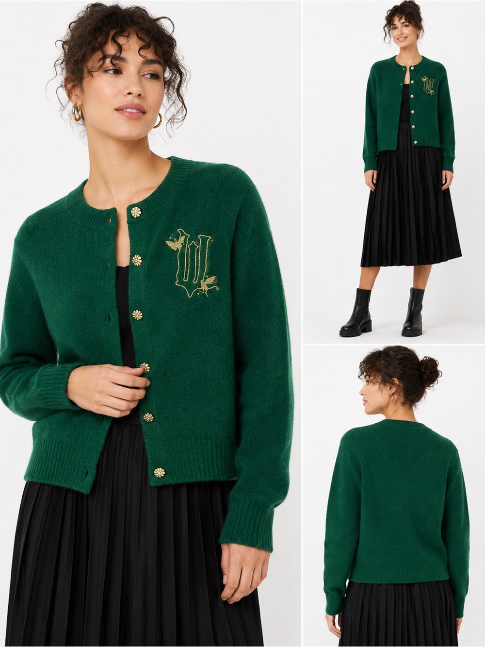 Green Embroidered Crewneck Cardigan Sweater